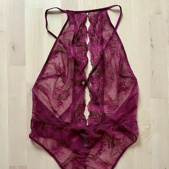 Victoria's Secret Women's Burgundy Lacey Sheer One Piece Lingerie Bodysuit sz SM - Picture 1 of 6